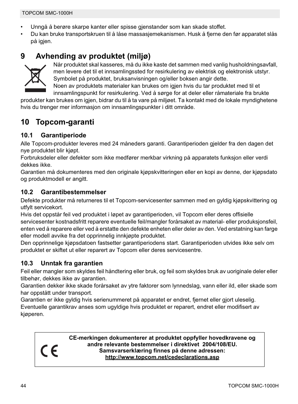 9avhending av produktet (miljø), 10 topcom-garanti | Topcom SMC-1000H User Manual | Page 44 / 92