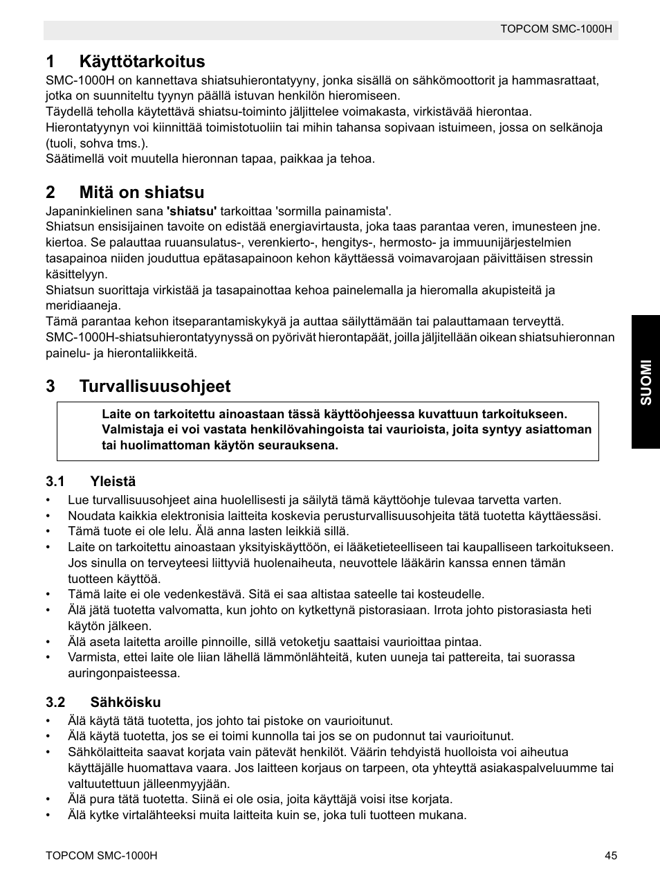 1käyttötarkoitus, 2mitä on shiatsu, 3turvallisuusohjeet | Topcom SMC-1000H User Manual | Page 45 / 92