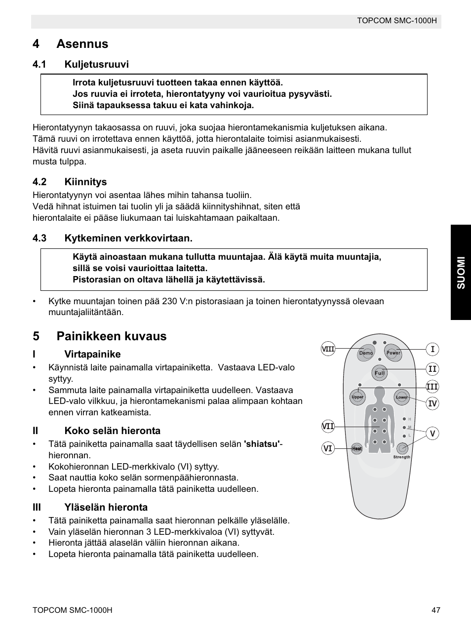 4asennus, 5painikkeen kuvaus | Topcom SMC-1000H User Manual | Page 47 / 92