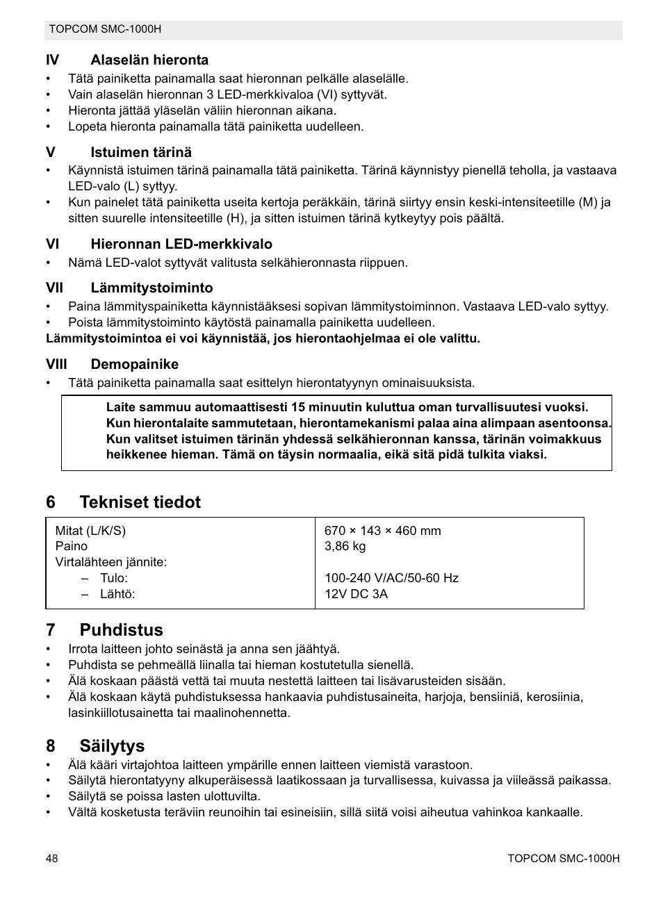 6tekniset tiedot 7 puhdistus, 8säilytys | Topcom SMC-1000H User Manual | Page 48 / 92