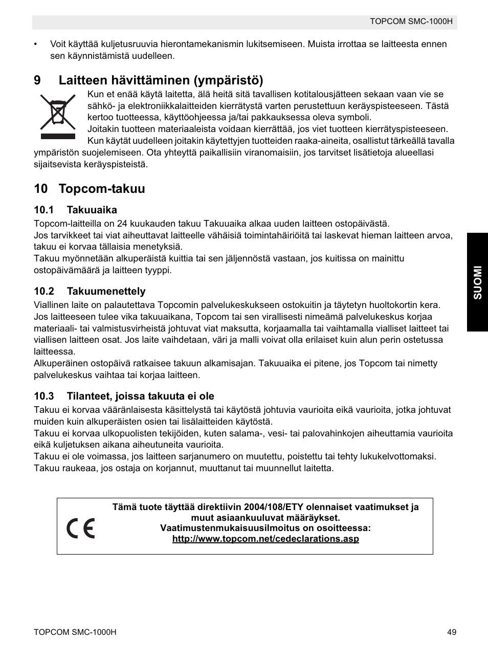 9laitteen hävittäminen (ympäristö), 10 topcom-takuu | Topcom SMC-1000H User Manual | Page 49 / 92