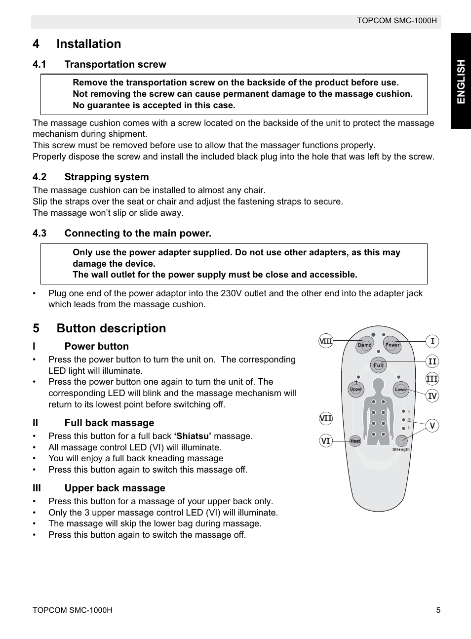 4installation, 5button description | Topcom SMC-1000H User Manual | Page 5 / 92