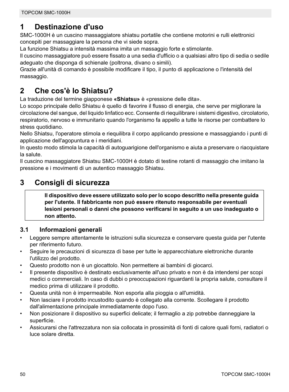 1destinazione d'uso, 2che cos'è lo shiatsu, 3consigli di sicurezza | Topcom SMC-1000H User Manual | Page 50 / 92