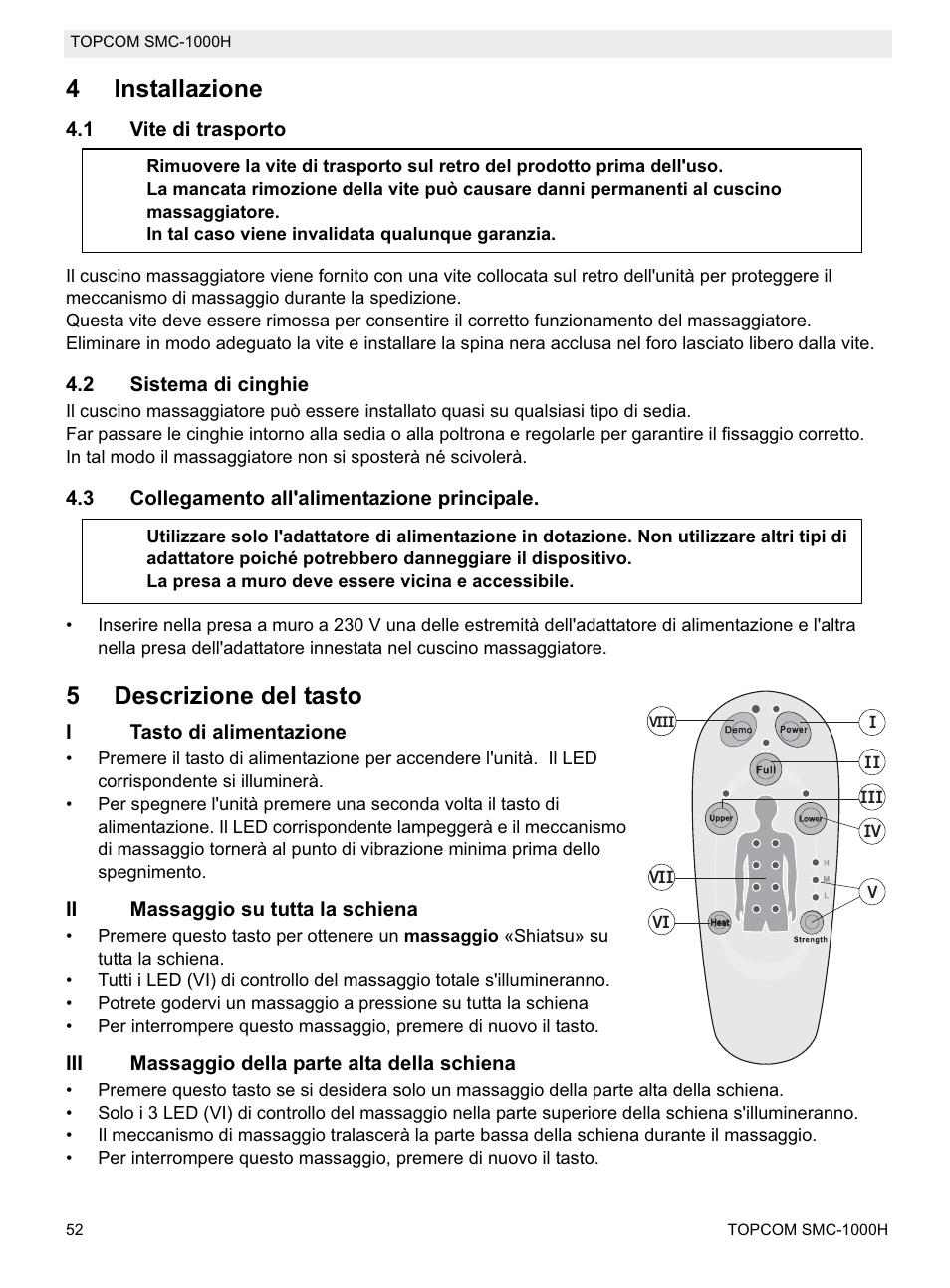 4installazione, 5descrizione del tasto | Topcom SMC-1000H User Manual | Page 52 / 92