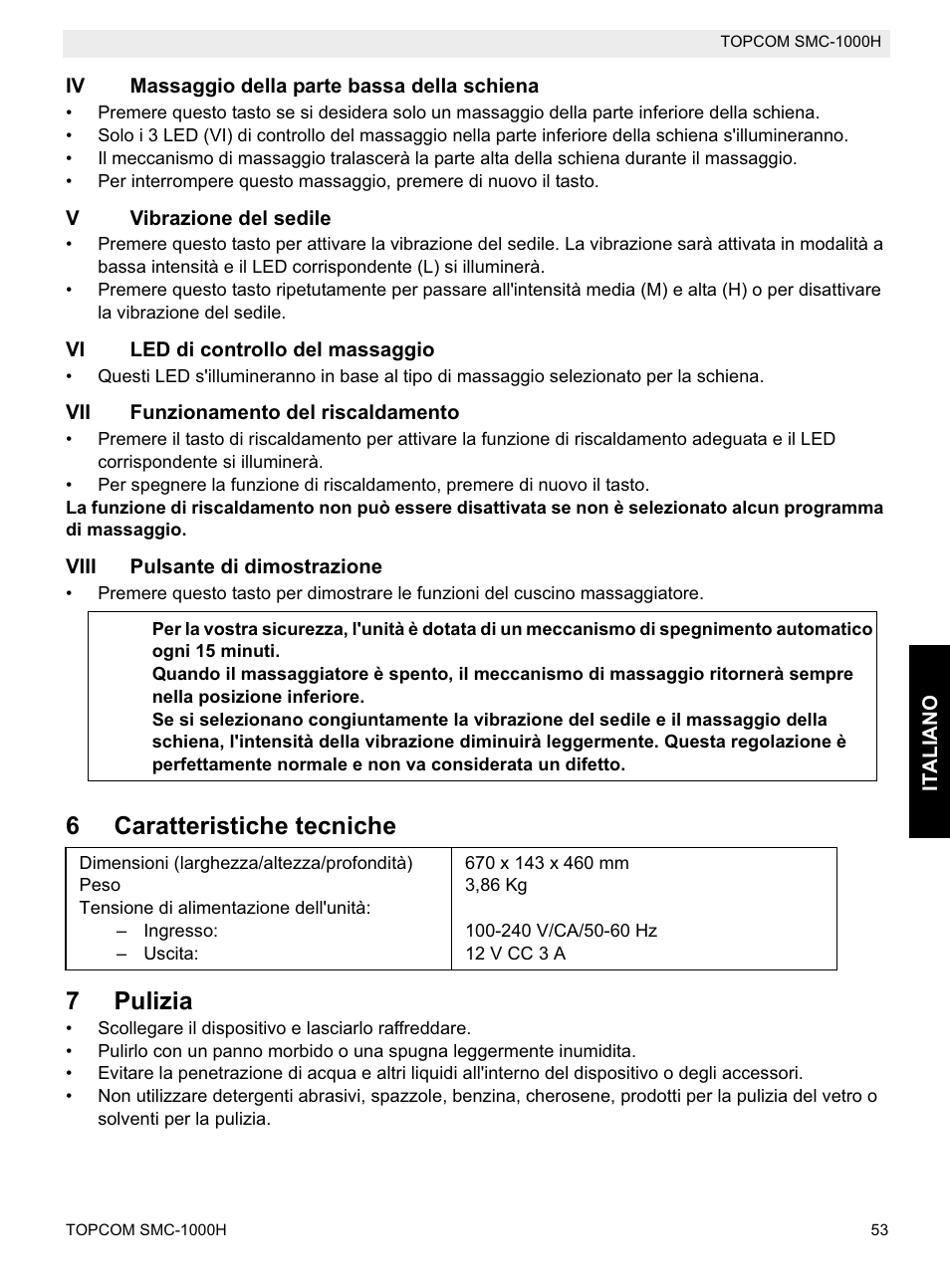 6caratteristiche tecniche 7 pulizia | Topcom SMC-1000H User Manual | Page 53 / 92