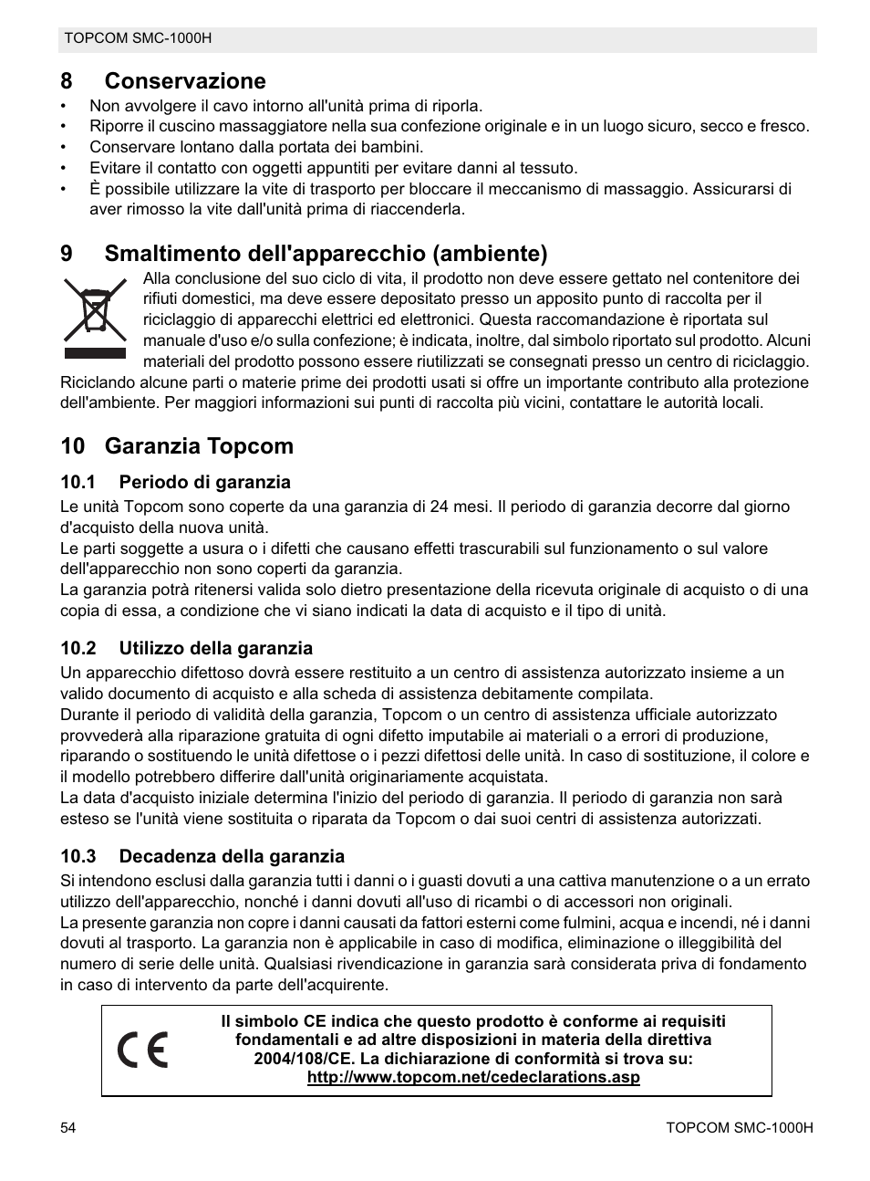 8conservazione, 9smaltimento dell'apparecchio (ambiente), 10 garanzia topcom | Topcom SMC-1000H User Manual | Page 54 / 92