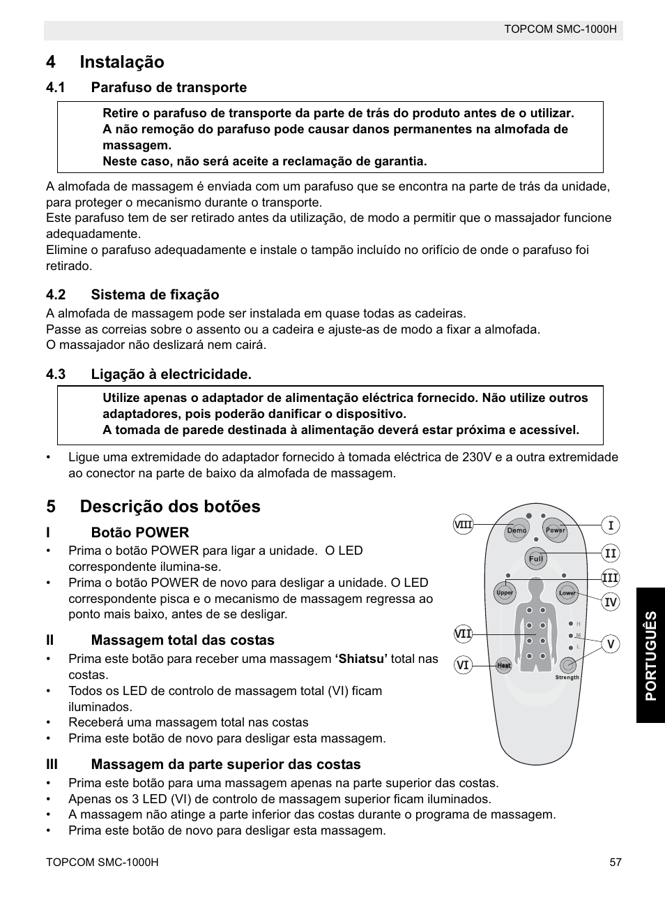 4instalação, 5descrição dos botões | Topcom SMC-1000H User Manual | Page 57 / 92