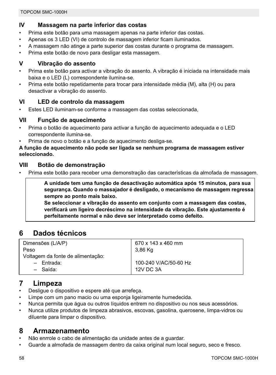 6dados técnicos 7 limpeza, 8armazenamento | Topcom SMC-1000H User Manual | Page 58 / 92