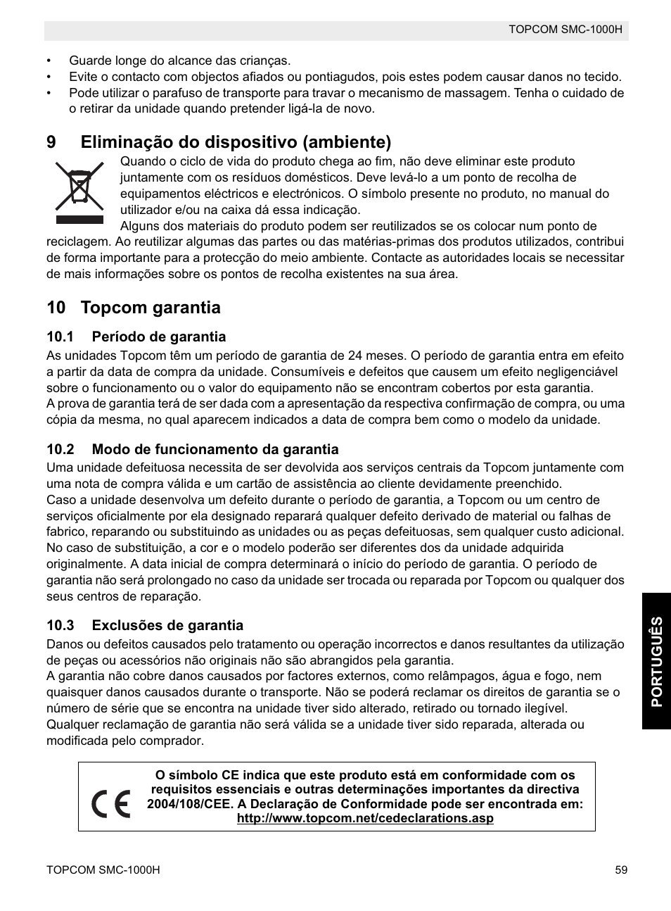 9eliminação do dispositivo (ambiente), 10 topcom garantia | Topcom SMC-1000H User Manual | Page 59 / 92