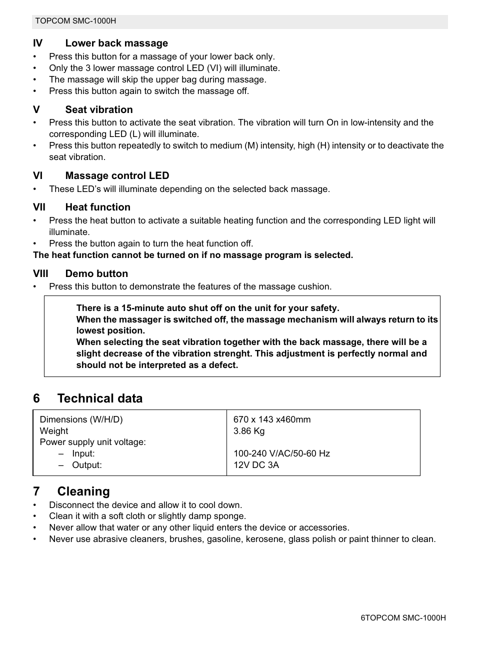 6technical data 7 cleaning | Topcom SMC-1000H User Manual | Page 6 / 92