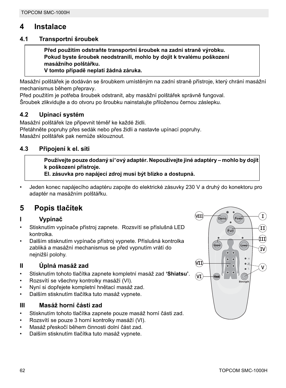 4instalace, 5popis tlaþítek | Topcom SMC-1000H User Manual | Page 62 / 92