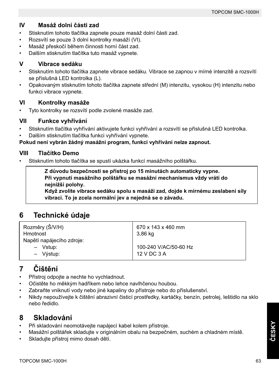 6technické údaje 7 ýištční, 8skladování | Topcom SMC-1000H User Manual | Page 63 / 92