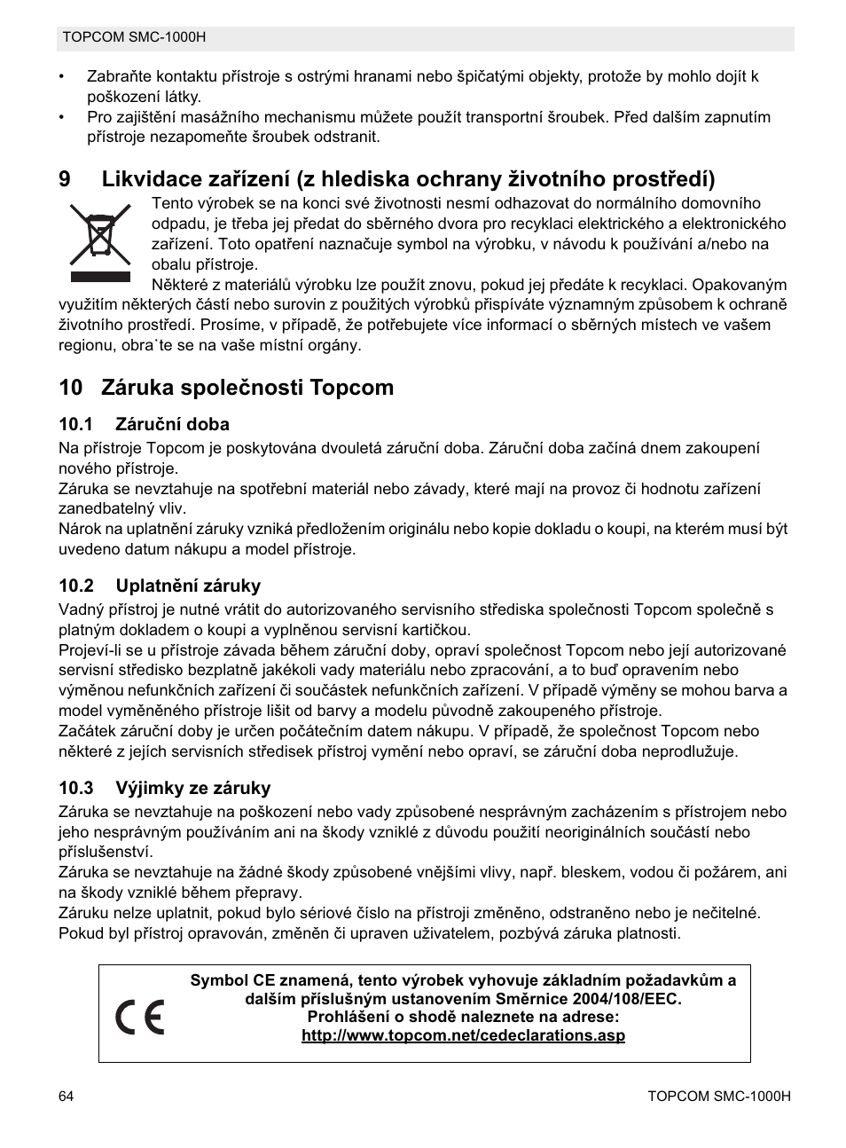 10 záruka spoleþnosti topcom | Topcom SMC-1000H User Manual | Page 64 / 92