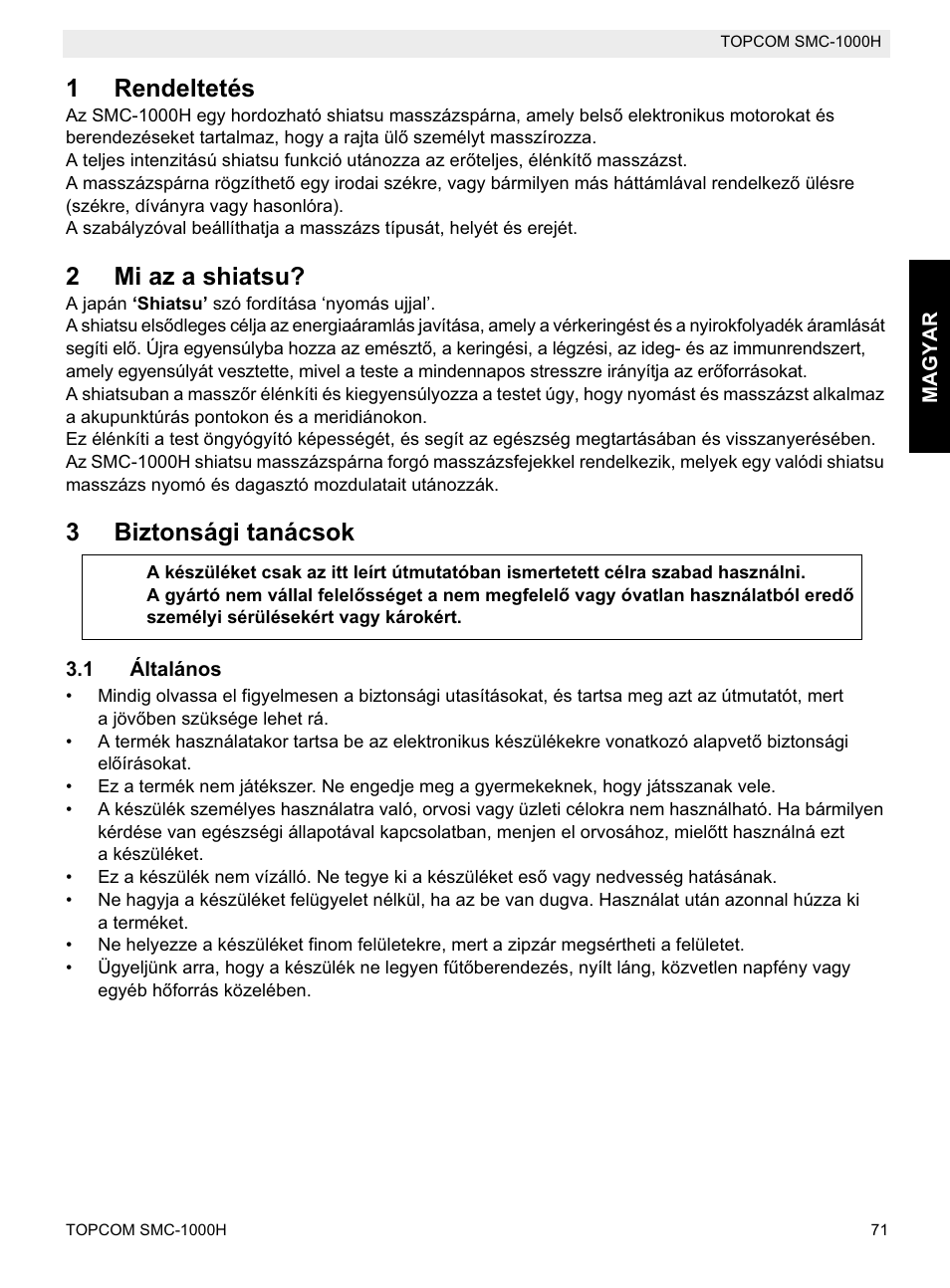 1rendeltetés, 2mi az a shiatsu, 3biztonsági tanácsok | Topcom SMC-1000H User Manual | Page 71 / 92