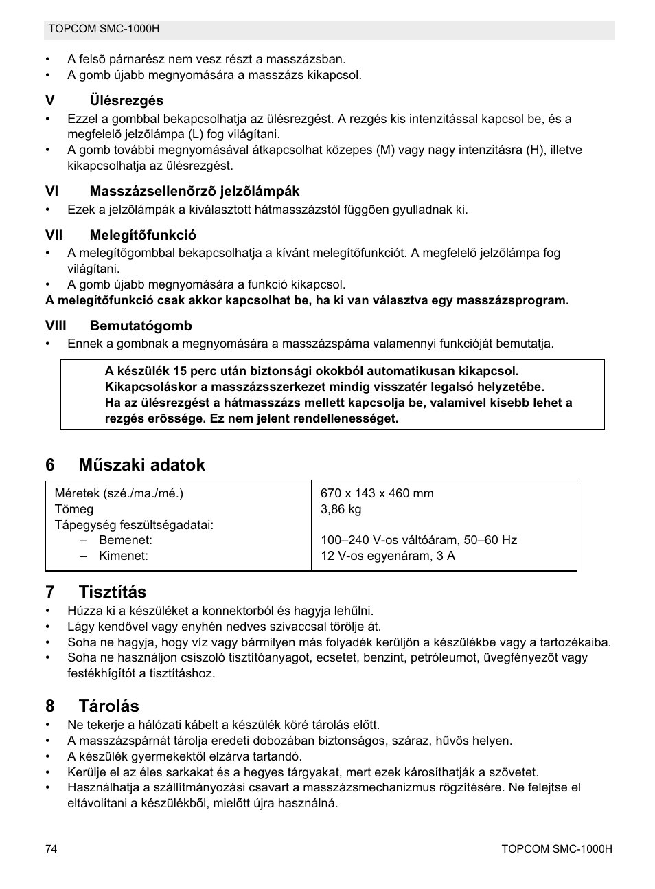 6mħszaki adatok 7 tisztítás, 8tárolás | Topcom SMC-1000H User Manual | Page 74 / 92