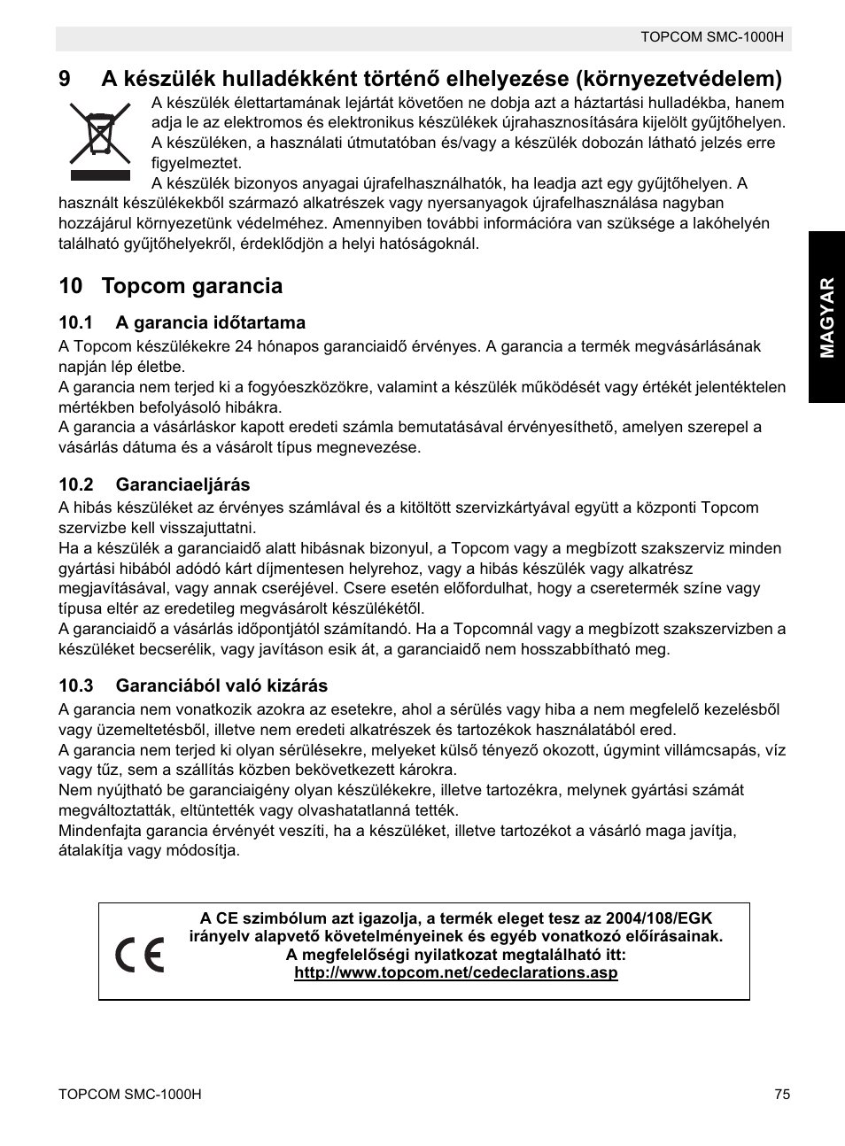 10 topcom garancia | Topcom SMC-1000H User Manual | Page 75 / 92