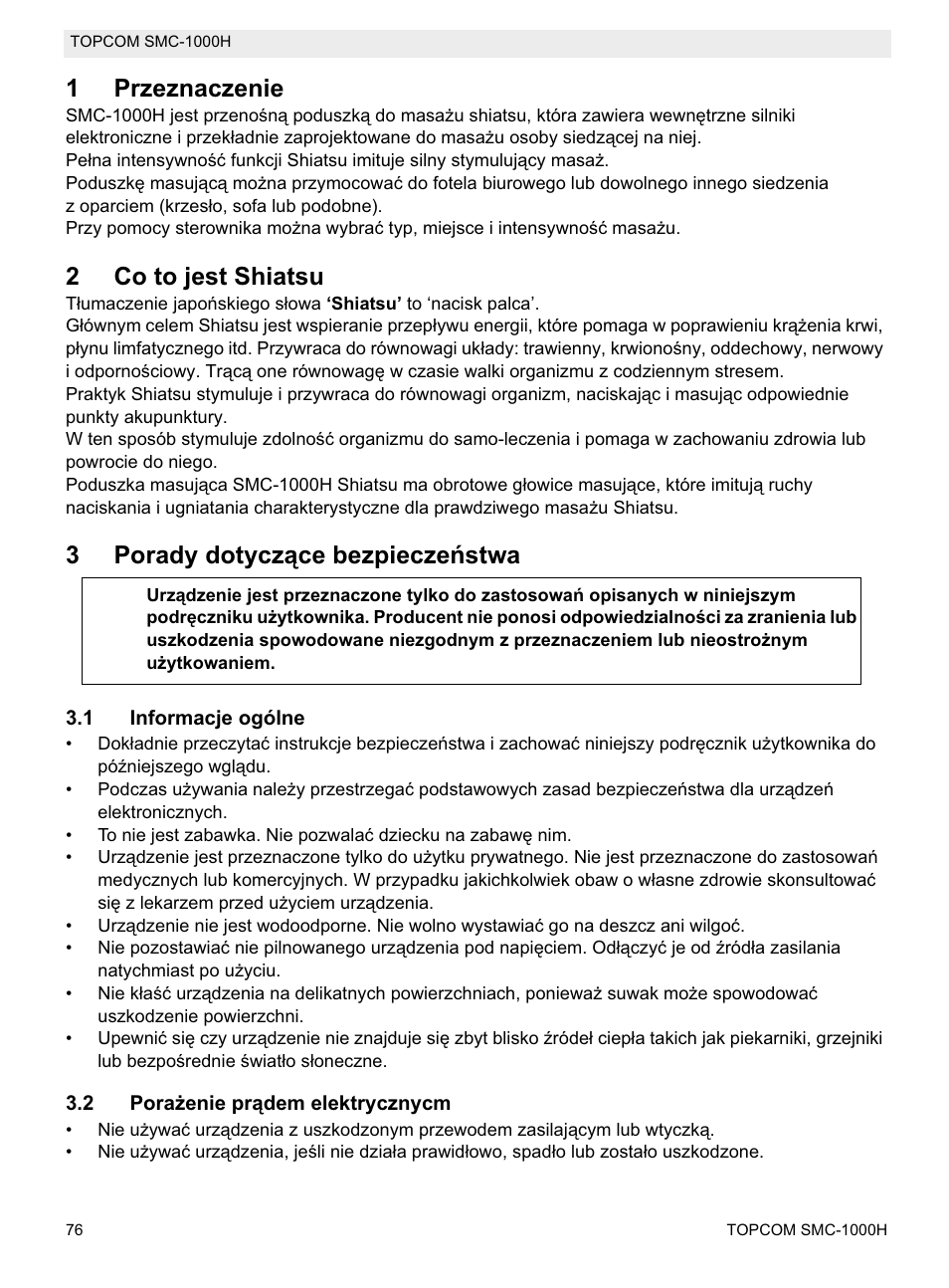 1przeznaczenie, 2co to jest shiatsu, 3porady dotyczące bezpieczeĕstwa | Topcom SMC-1000H User Manual | Page 76 / 92