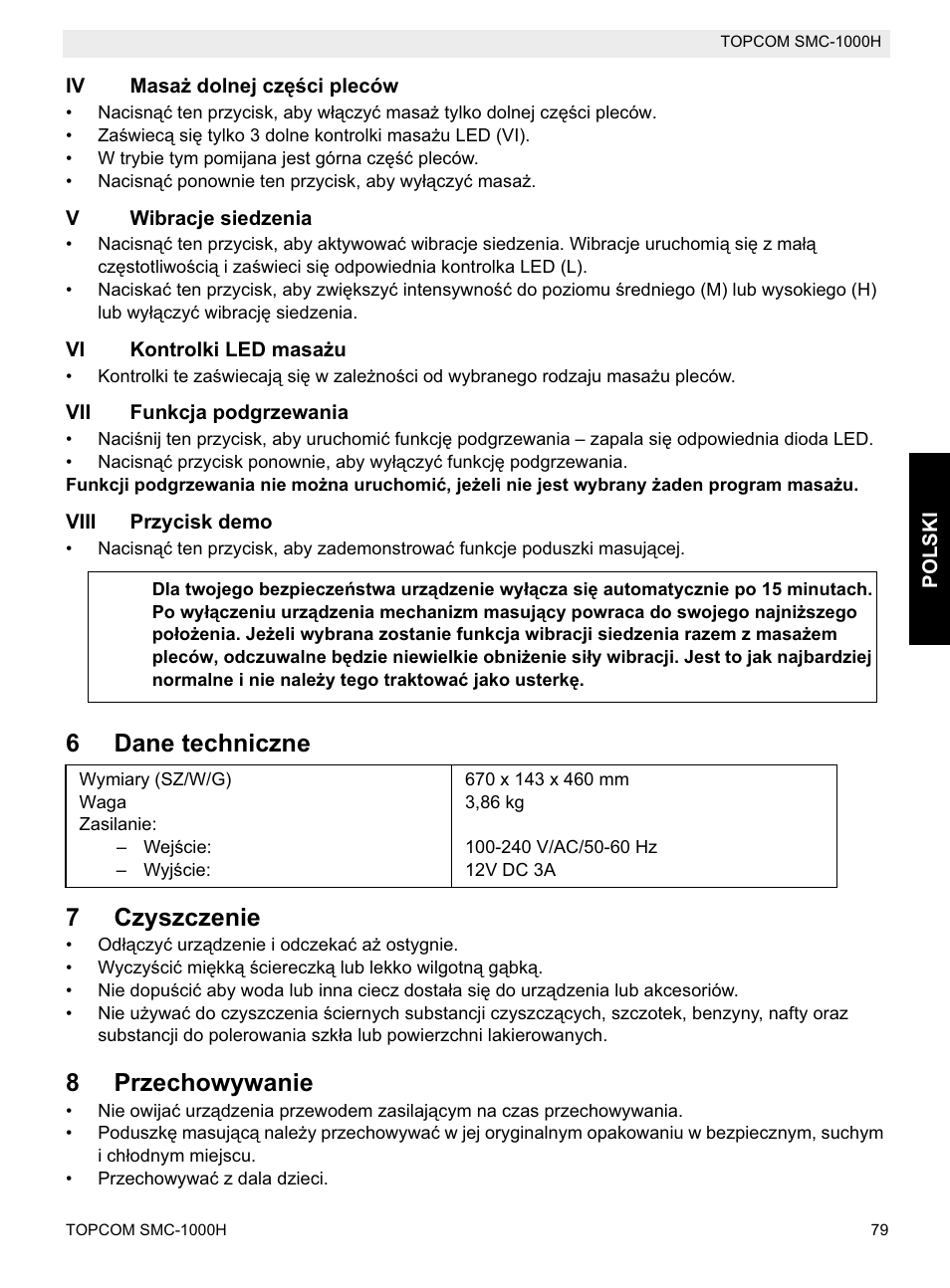 6dane techniczne 7 czyszczenie, 8przechowywanie | Topcom SMC-1000H User Manual | Page 79 / 92