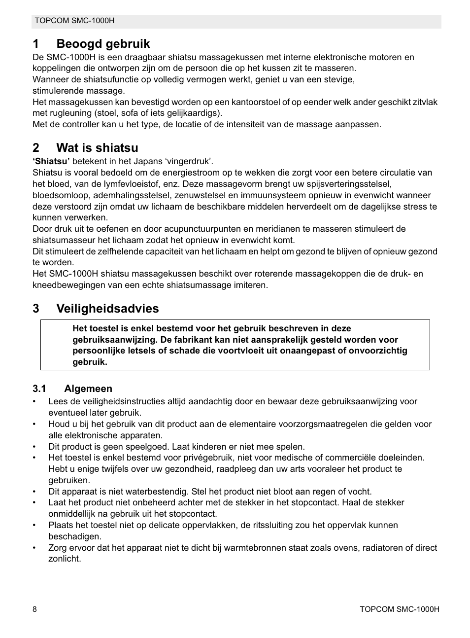 1beoogd gebruik, 2wat is shiatsu, 3veiligheidsadvies | Topcom SMC-1000H User Manual | Page 8 / 92