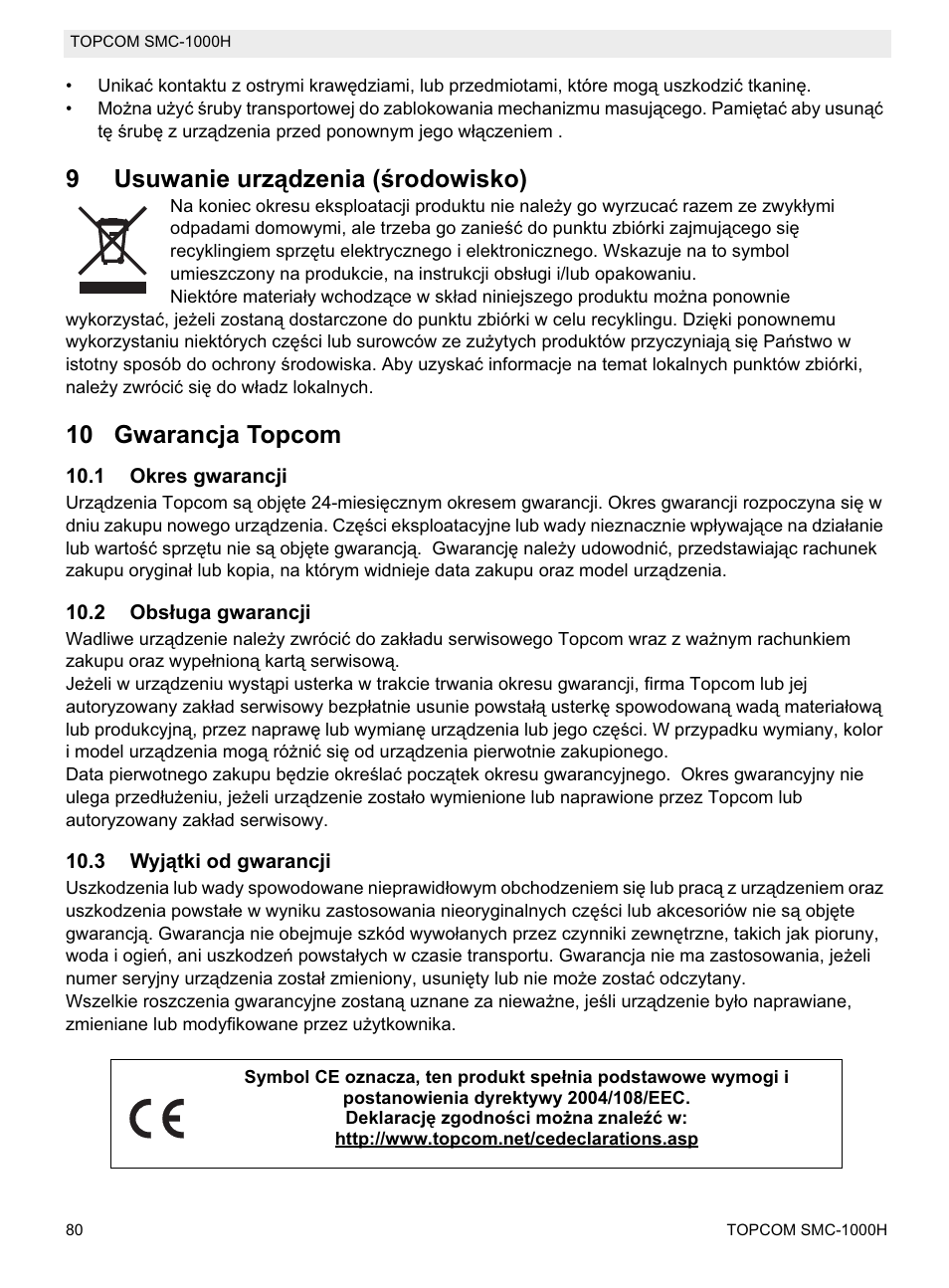 9usuwanie urządzenia (ğrodowisko), 10 gwarancja topcom | Topcom SMC-1000H User Manual | Page 80 / 92