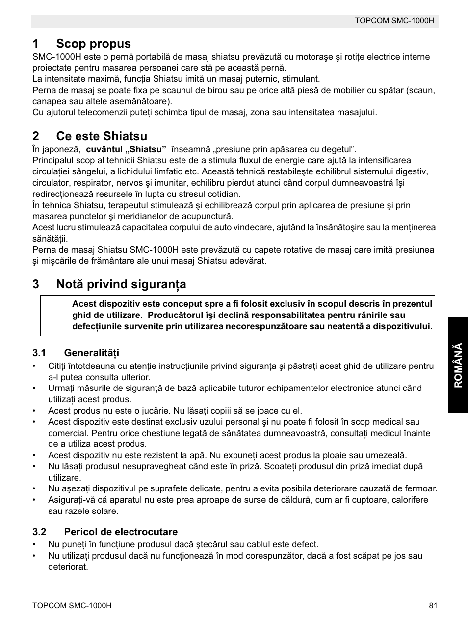 1scop propus, 2ce este shiatsu, 3notă privind siguranġa | Topcom SMC-1000H User Manual | Page 81 / 92