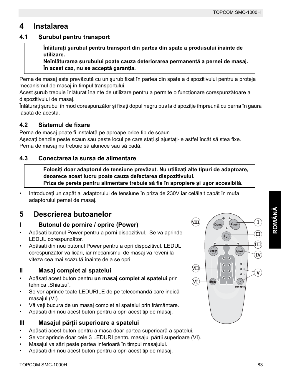 4instalarea, 5descrierea butoanelor | Topcom SMC-1000H User Manual | Page 83 / 92