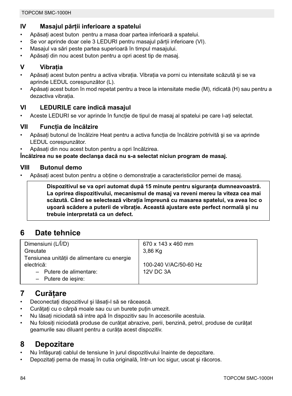 6date tehnice 7 curăġare, 8depozitare | Topcom SMC-1000H User Manual | Page 84 / 92