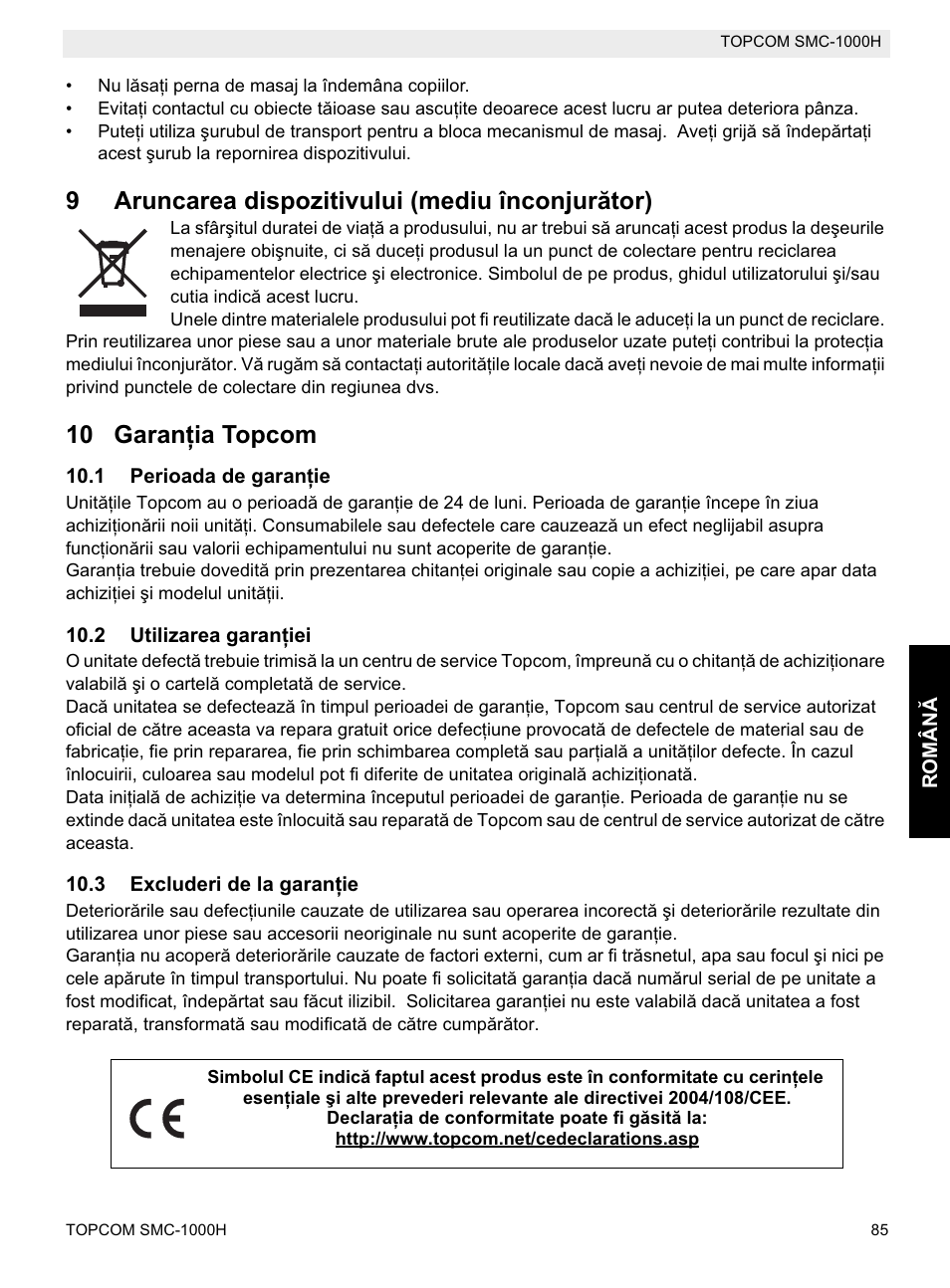 9aruncarea dispozitivului (mediu înconjurător), 10 garanġia topcom | Topcom SMC-1000H User Manual | Page 85 / 92