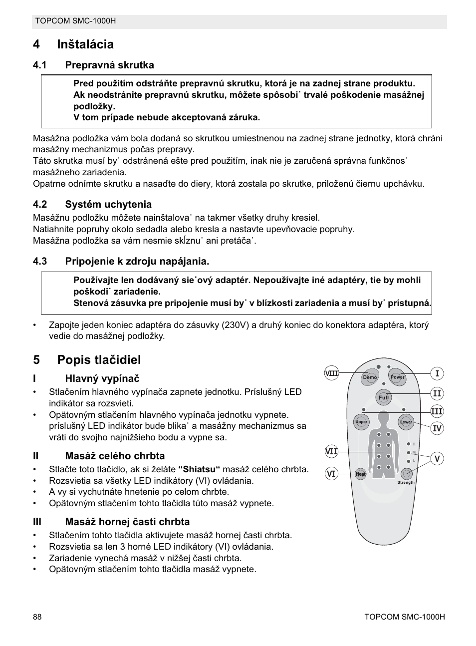 4inštalácia, 5popis tlaþidiel | Topcom SMC-1000H User Manual | Page 88 / 92