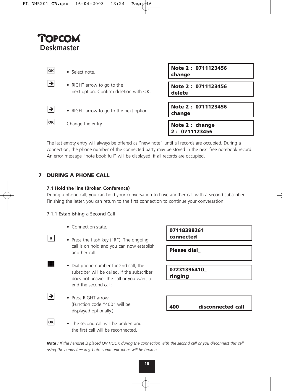 Deskmaster | Topcom DESKMASTER 520 User Manual | Page 16 / 52