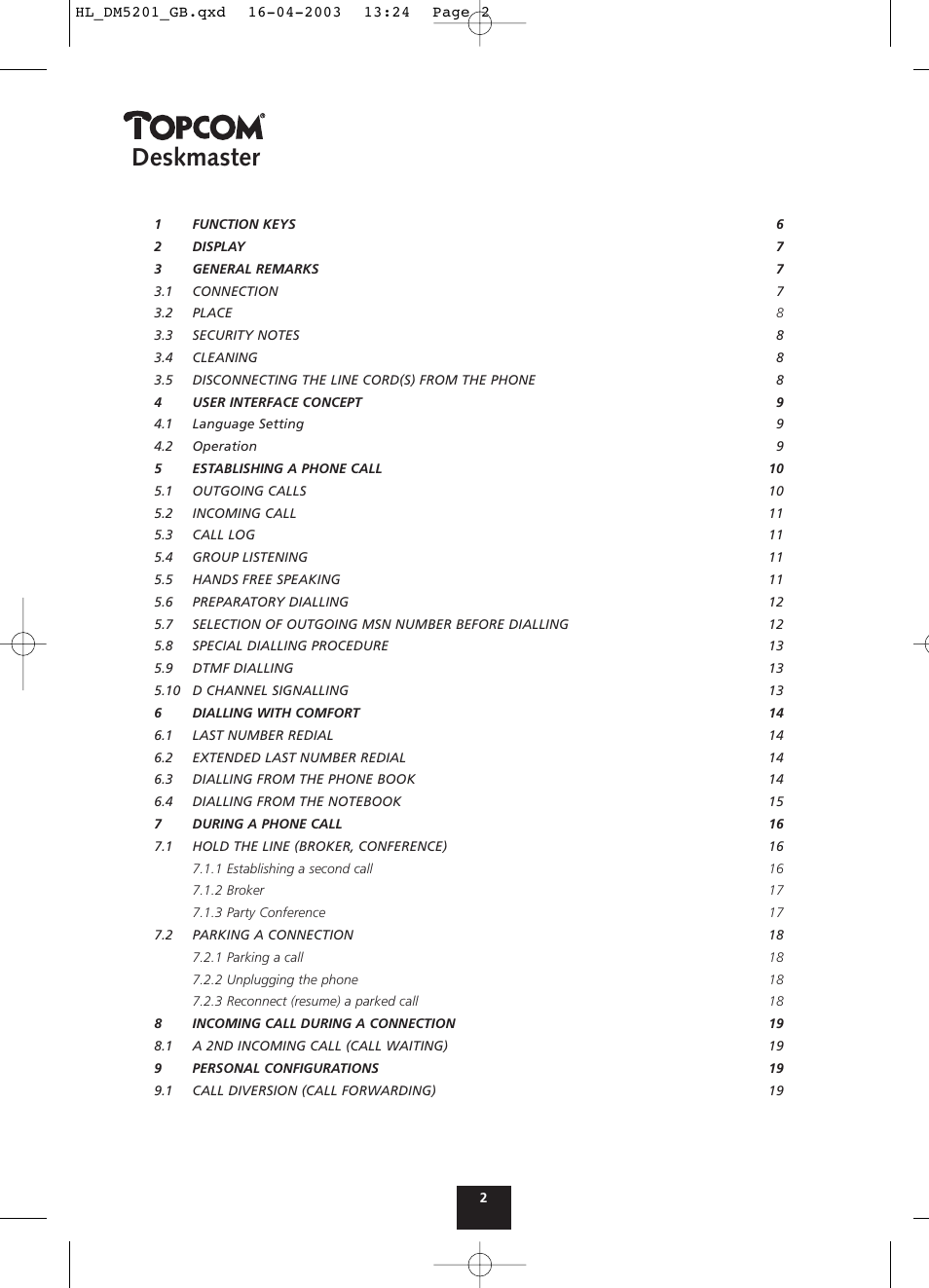 Deskmaster | Topcom DESKMASTER 520 User Manual | Page 2 / 52