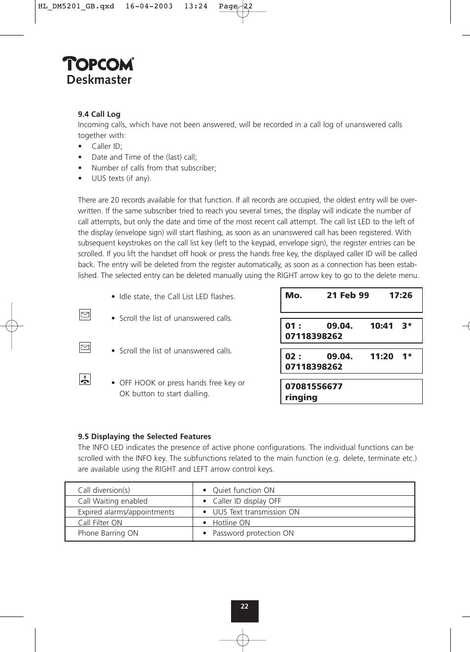 Deskmaster | Topcom DESKMASTER 520 User Manual | Page 22 / 52