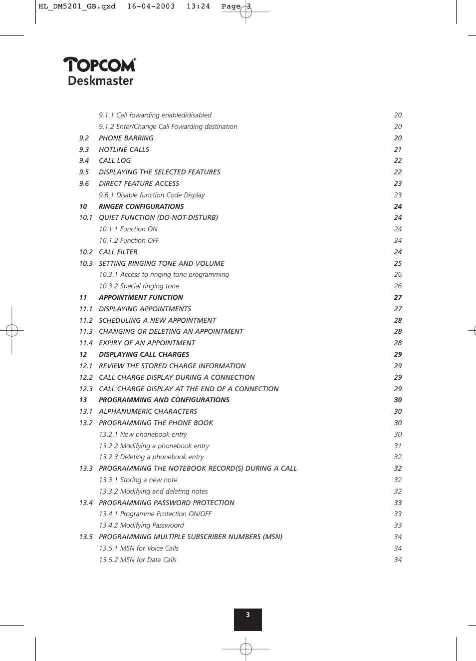 Deskmaster | Topcom DESKMASTER 520 User Manual | Page 3 / 52