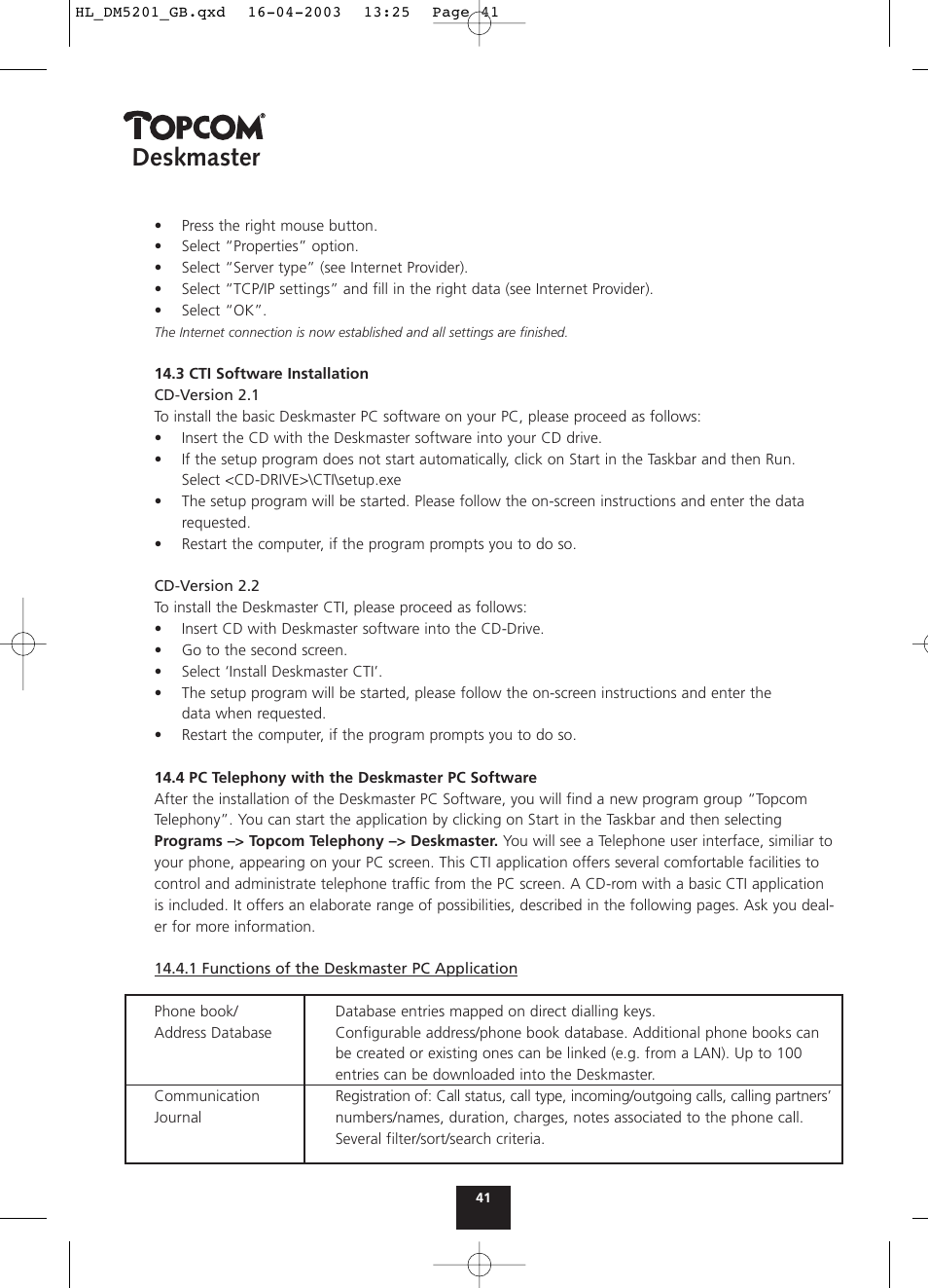 Deskmaster | Topcom DESKMASTER 520 User Manual | Page 41 / 52