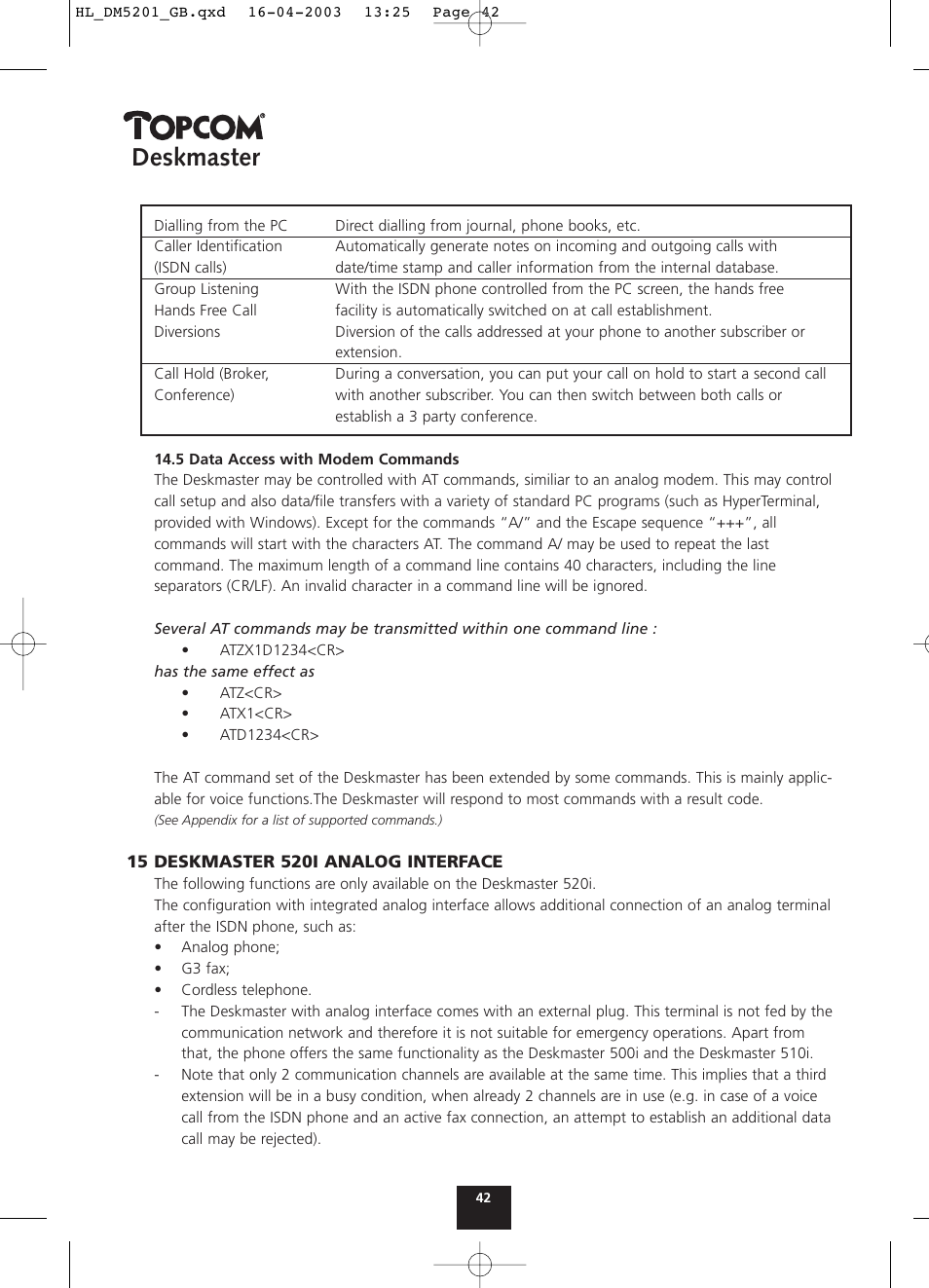 Deskmaster | Topcom DESKMASTER 520 User Manual | Page 42 / 52