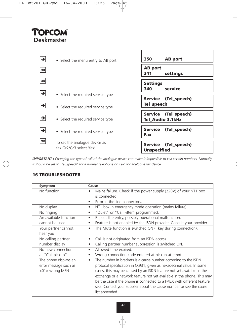 Deskmaster | Topcom DESKMASTER 520 User Manual | Page 45 / 52