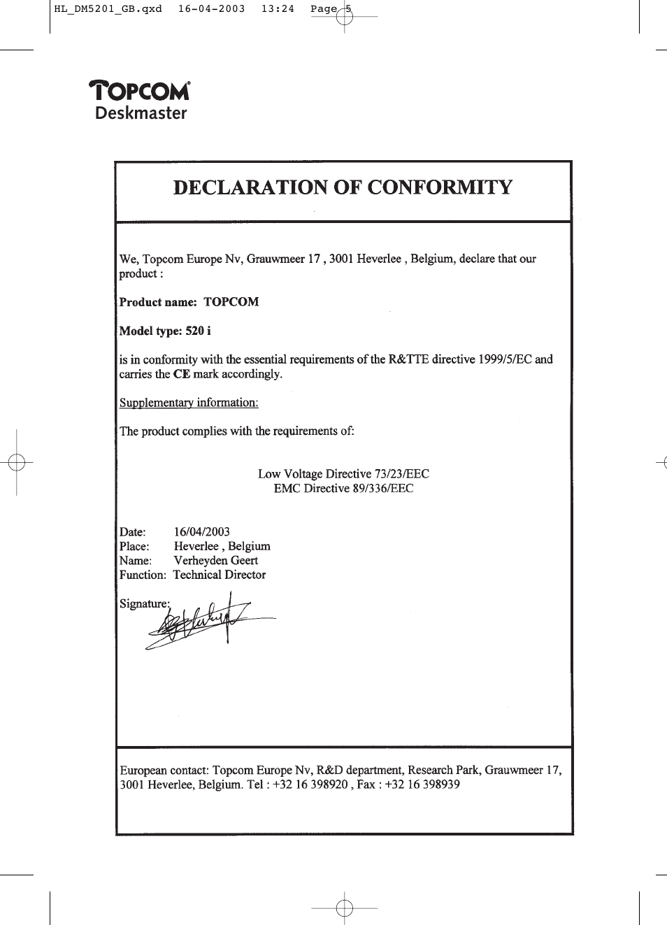 Deskmaster | Topcom DESKMASTER 520 User Manual | Page 5 / 52