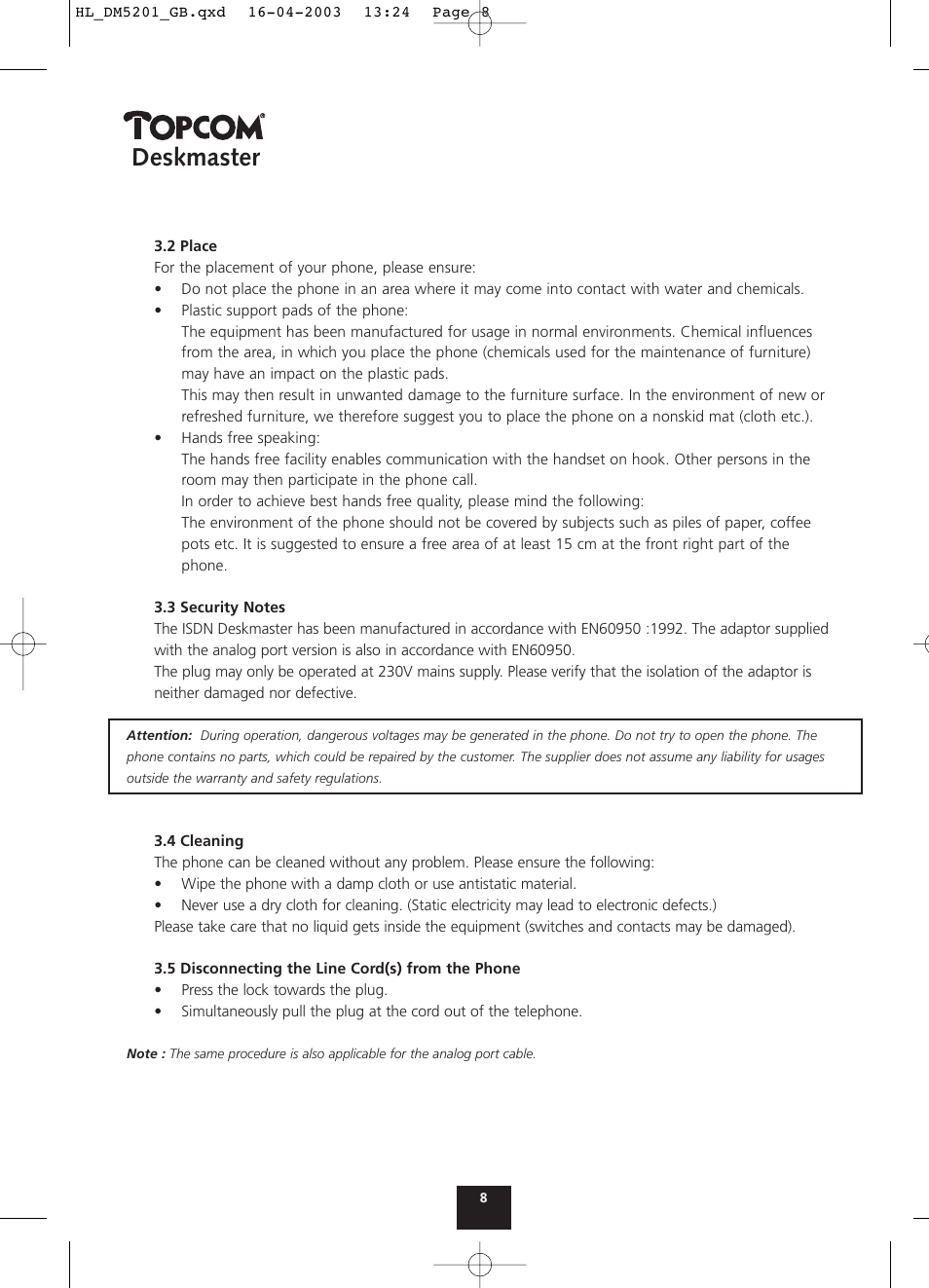 Deskmaster | Topcom DESKMASTER 520 User Manual | Page 8 / 52