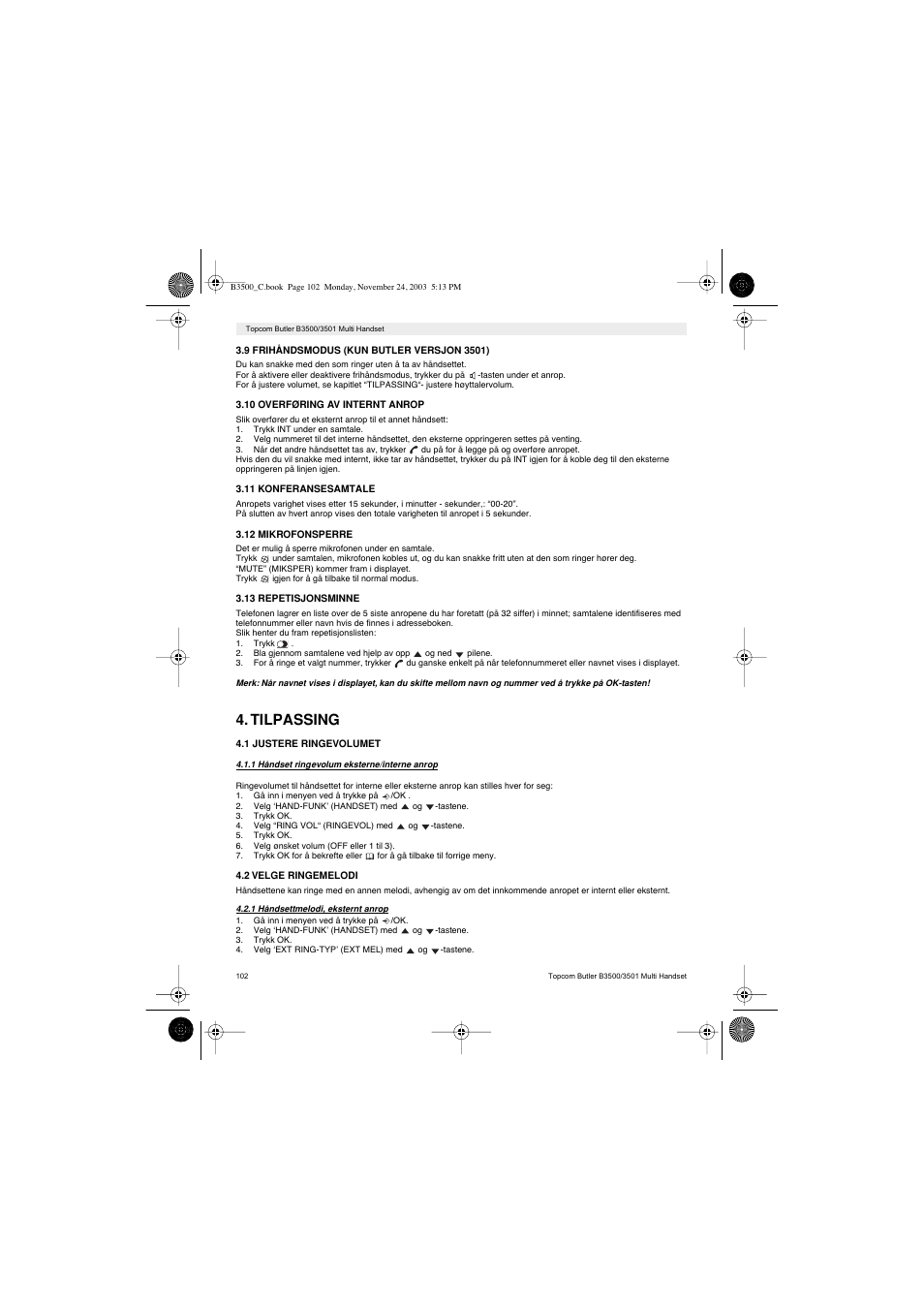 Tilpassing | Topcom Butler 3501 User Manual | Page 102 / 120