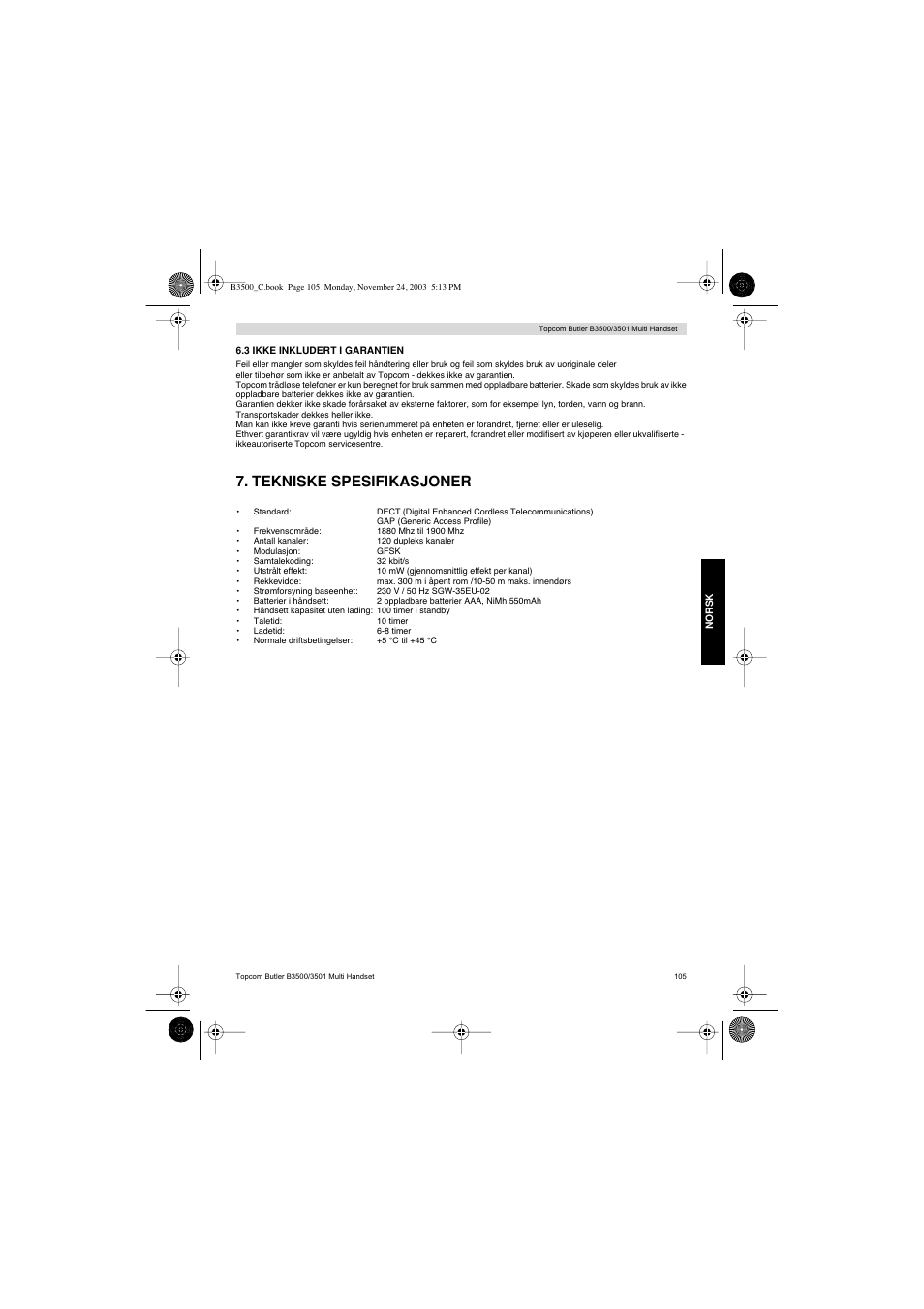 Tekniske spesifikasjoner | Topcom Butler 3501 User Manual | Page 105 / 120