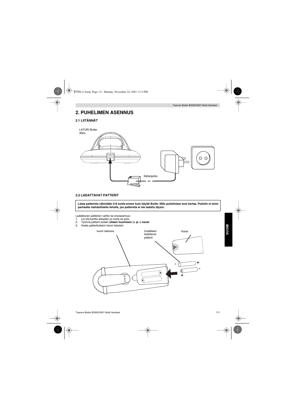 Puhelimen asennus | Topcom Butler 3501 User Manual | Page 111 / 120