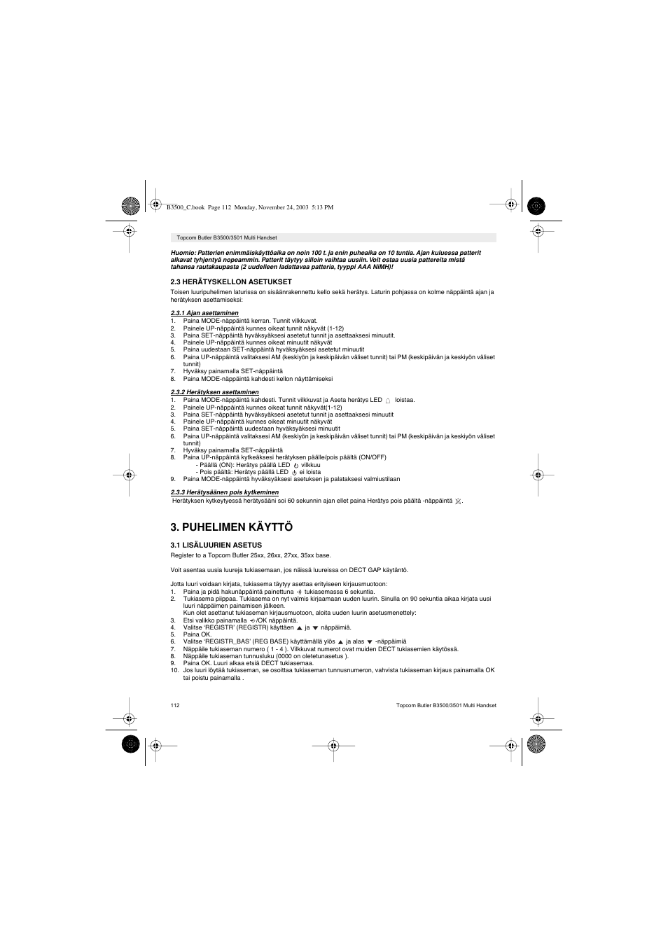 Puhelimen käyttö | Topcom Butler 3501 User Manual | Page 112 / 120