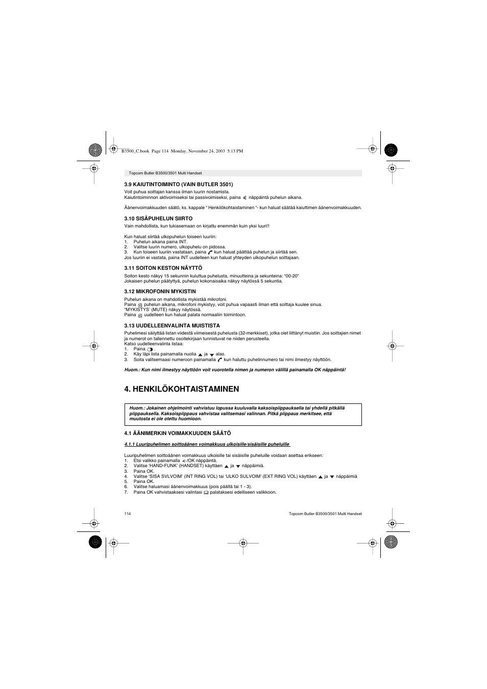 Henkilökohtaistaminen | Topcom Butler 3501 User Manual | Page 114 / 120