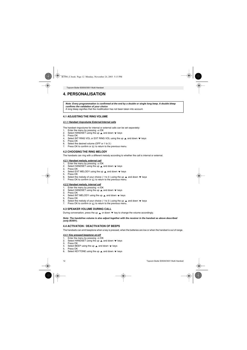 Personalisation | Topcom Butler 3501 User Manual | Page 12 / 120