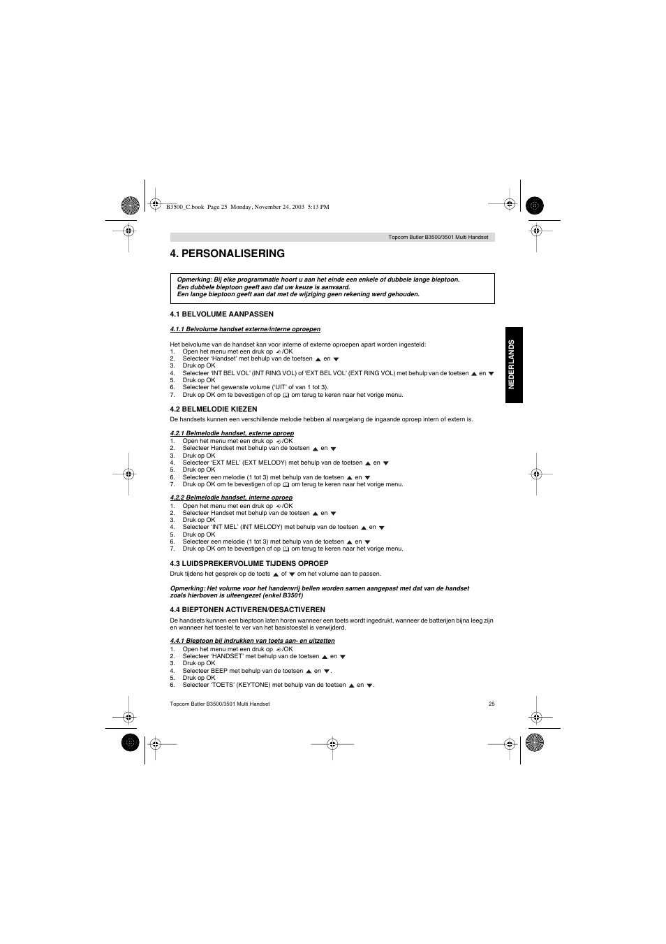 Personalisering | Topcom Butler 3501 User Manual | Page 25 / 120