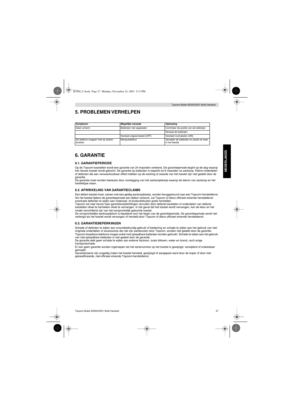 Problemen verhelpen 6. garantie | Topcom Butler 3501 User Manual | Page 27 / 120