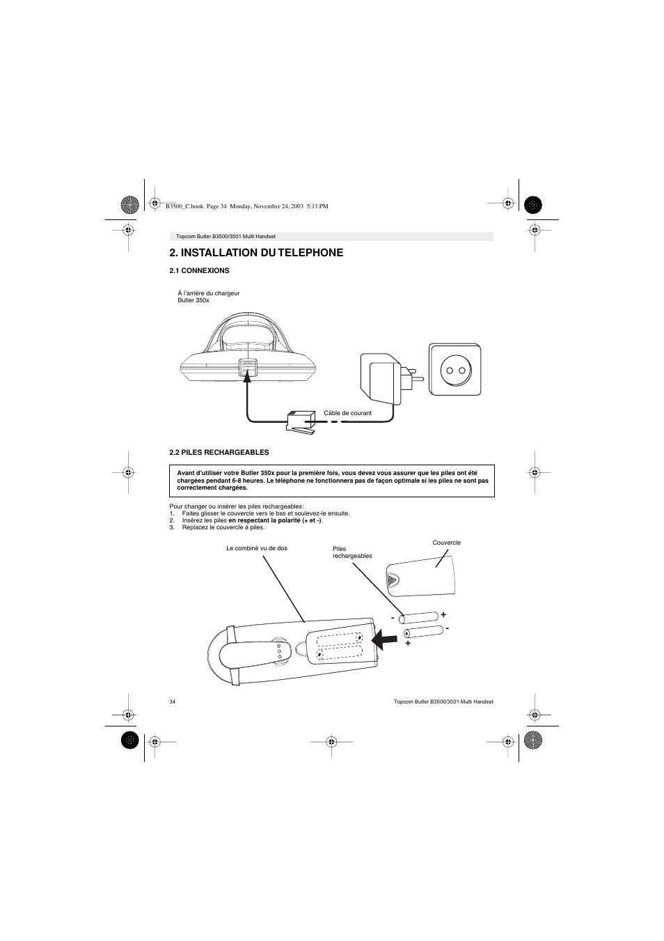 Installation du telephone | Topcom Butler 3501 User Manual | Page 34 / 120