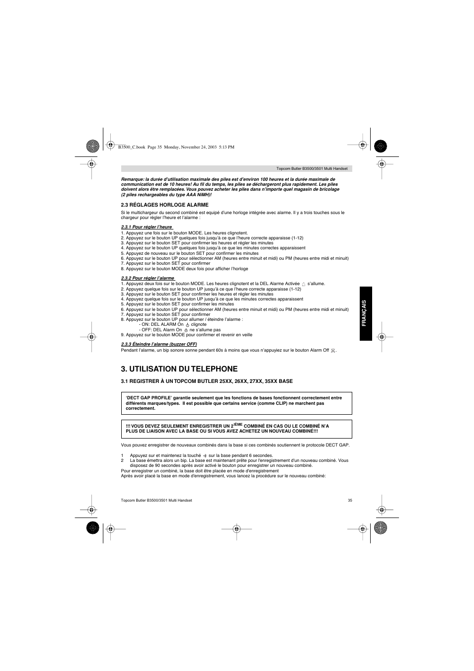 Utilisation du telephone | Topcom Butler 3501 User Manual | Page 35 / 120