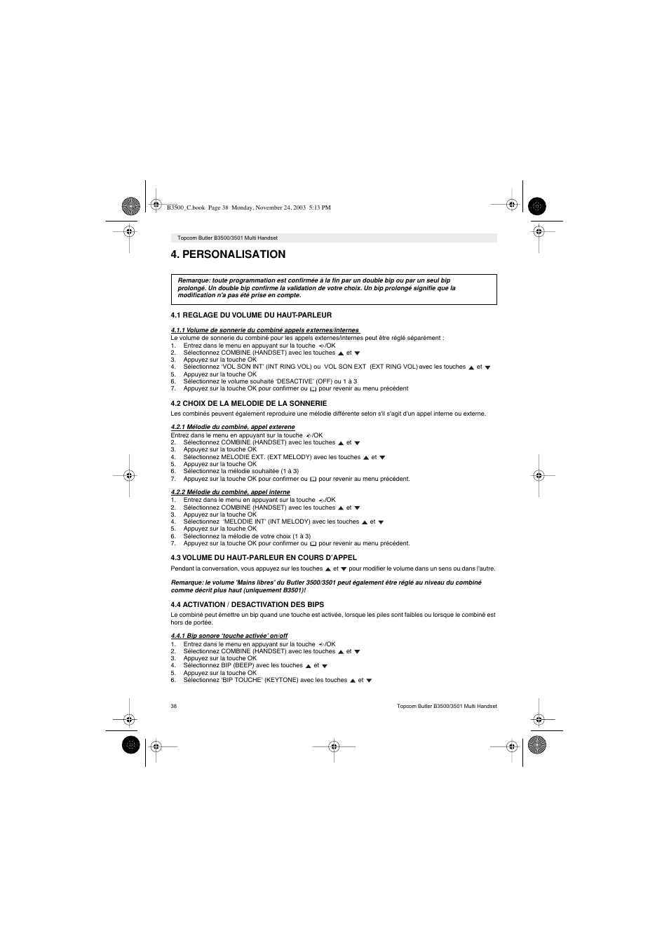 Personalisation | Topcom Butler 3501 User Manual | Page 38 / 120