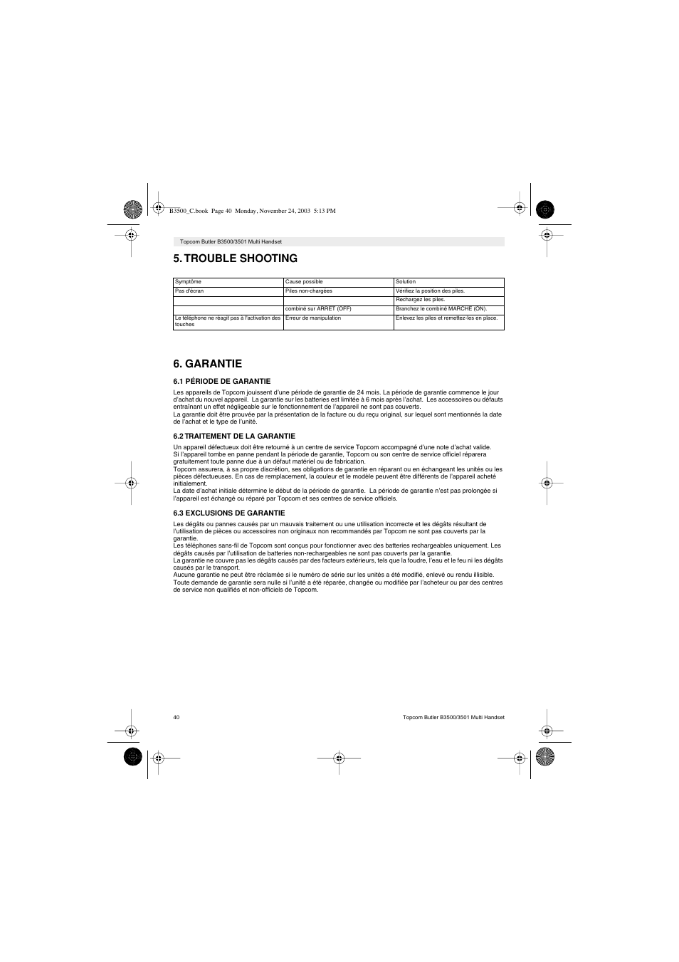 Trouble shooting 6. garantie | Topcom Butler 3501 User Manual | Page 40 / 120